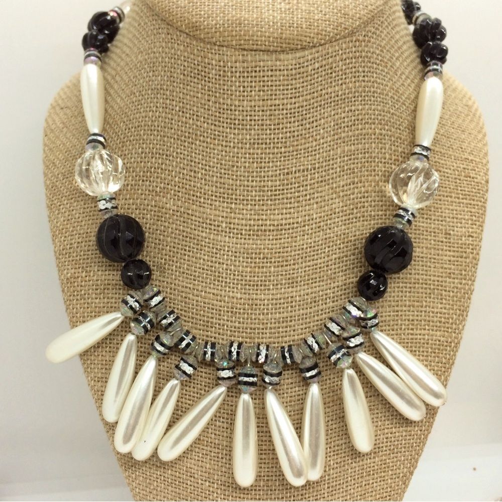 VINTAGE FAUX PEARL NECKLACE Black Rhinestone Bib Statement 80s Glam